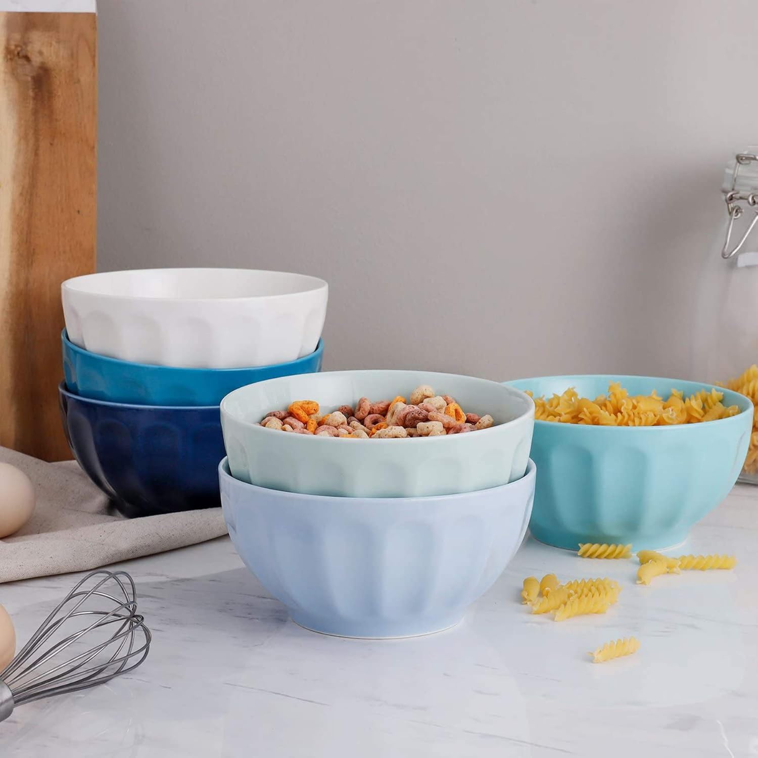  | Sweese 106.003 Porcelain Fluted Bowl Set - 26 Ounce for Cereal, Soup - Set of 6, Cool Assorted Colors: Cereal Bowls