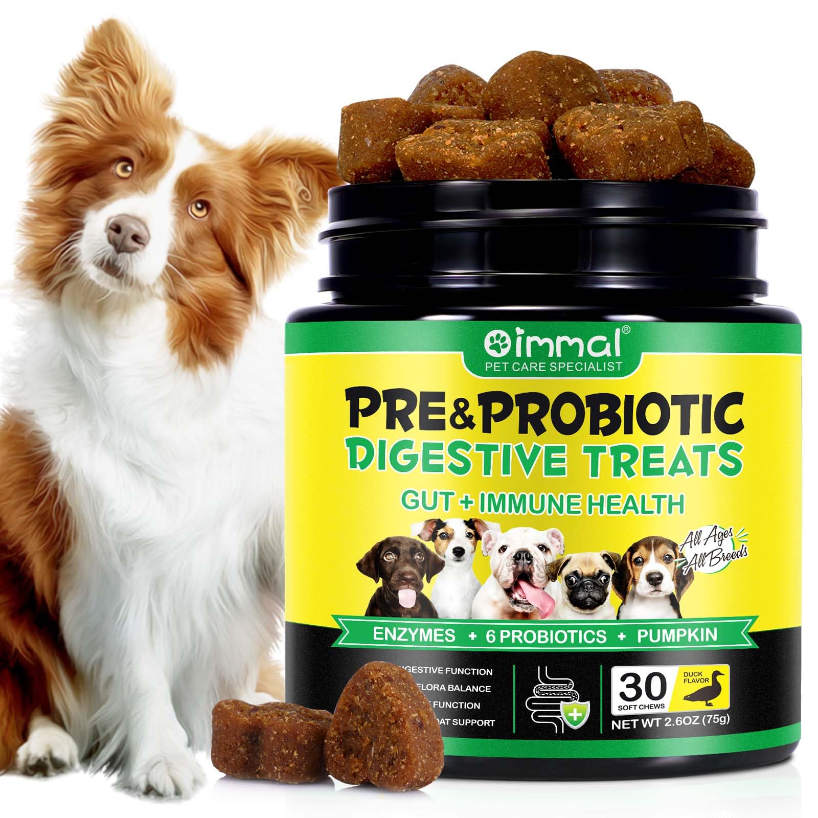 Advanced Pre & Probiotics for Dogs – Prebiotic Digestive Chews for Gut Harmony, Balanced Microbiome & Active Lifestyle Support, Duck Flavour (30 Soft Chews)