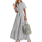 utcoco Womens Casual Short Sleeve Button Down Tie Waist Ruffled Striped Maxi Shirt Dress