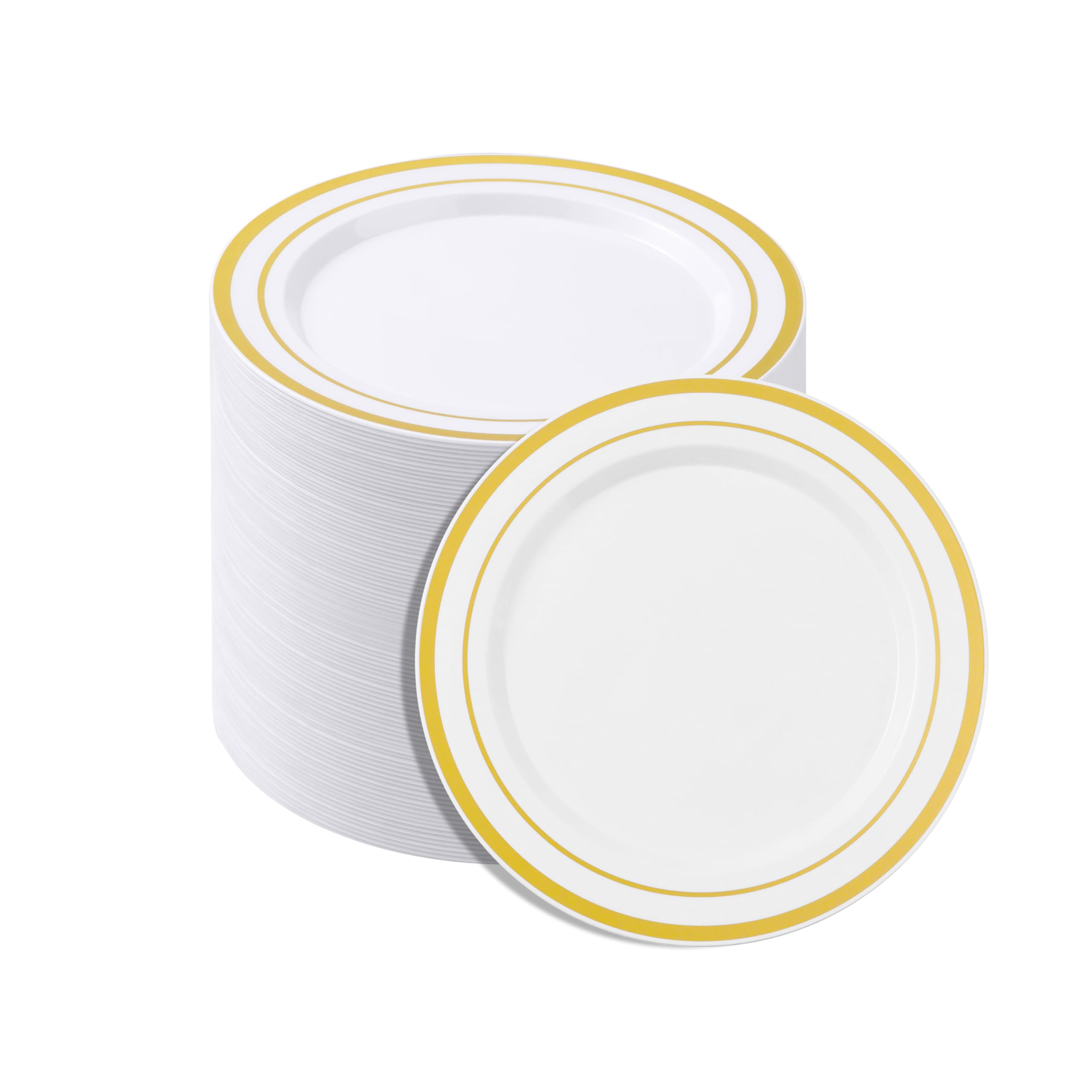 Photo 1 of BESTSTAR 7 Inch White with Gold Rim Plastic Plates,100PCS Disposable Dessert/Appetizer/Small Cake Plates,Heavy Duty Plate Ideal for Christmas, Thanksgiving, Wedding and Birthday