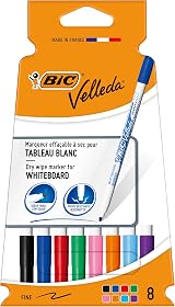 BIC Velleda Whiteboard Pens Fine Nib Assorted Colours Pack of 8 view 1