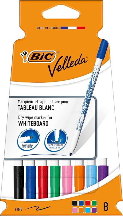 BIC Velleda Whiteboard Pens Fine Nib Assorted Colours Pack of 8