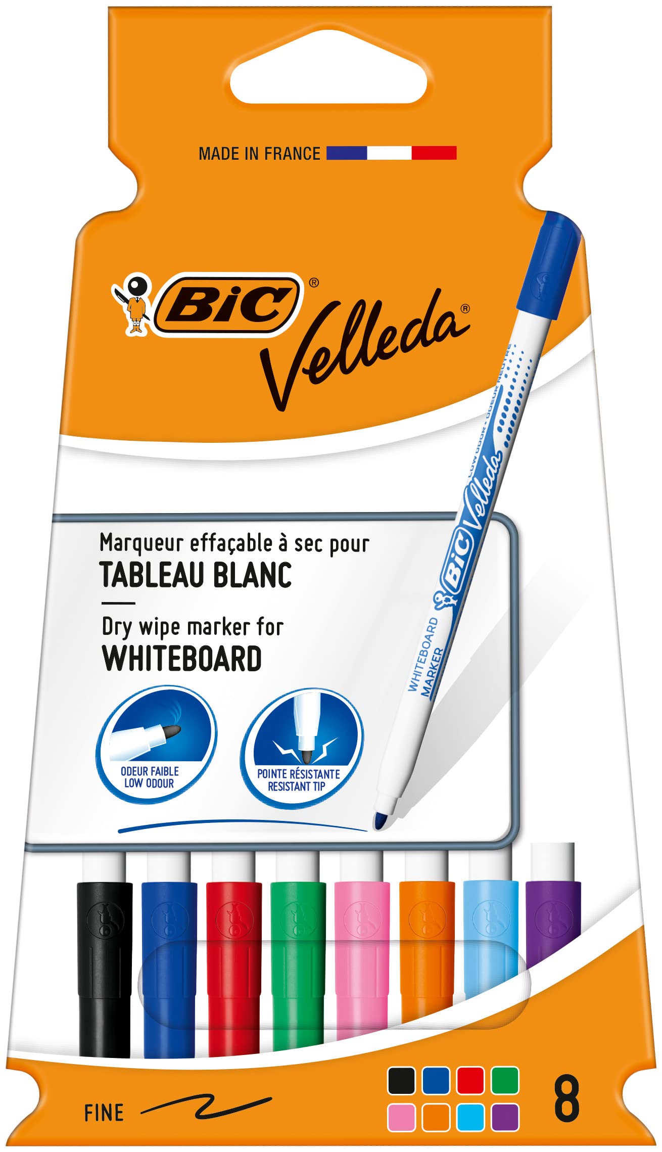 BIC Velleda Whiteboard Pens - Fine Whiteboard Marker Pens - Assorted Colours Pack of 8
