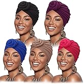 DRESHOW 5 Pack Knotted Headwraps for Women African Turban Pre-Knotted Beanie Headwraps Hair Covers