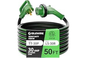 ISLEWIRE 30 Amp 50 Feet RV Power Cord, Heavy Duty 10 Gauge STW Cord with LED Power Indicator Twist Connector, NEMA TT-30P to L5-30R with Cord Organizer for RV Trailer Campers, Black&Green, ETL Listed