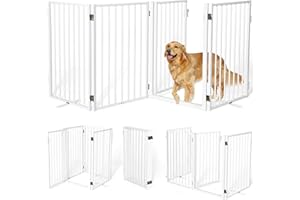 PAULMELE Metal Freestanding Dog Gates with Door,Indoor&Outdoor Pet Fences for Puppy Dogs,Extra Wide White Free Standing Foldable Dog Gate for Doorways,House,Stairs,Porch,Deck(4 Panels 32''H×80''W)