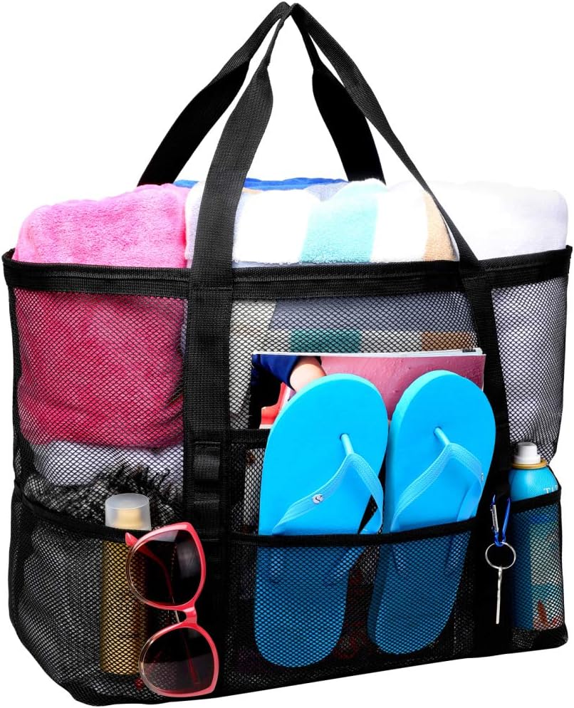 Mesh Beach Bag, BuyAgain Large Beach Tote Bag for Beach Picnic Toys Vacation,Black with black straps