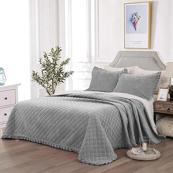 WONGS BEDDING Grey Quilted Bedspread King 3 Pieces Reversible Patchwork