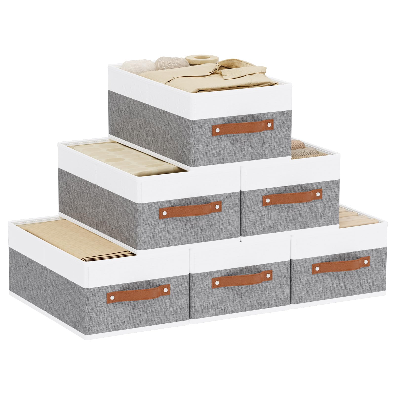 YheenLf Storage Basket for Shelves, 6-Pack Closet Bin with Handles, Open Foldable Box, Fabric Containers Clothes Boxes, Wardrobe Organiser, White and Grey, 41×25×16.5cm