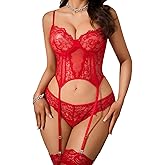 Aranmei Sexy Women Lace Lingerie Sets with Garter Belt Stockings Babydoll Teddy Bodysuit Underwire with Panty 3 Peice