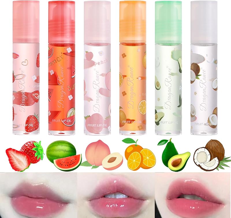 Mrettick 6 Pcs Roll-on Moisturizing Lip Oil Set Fresh Fruit Flavors Hydrating