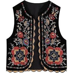 hathne Floral Embroidered Vest for Women Boho Vintage Sleeveless