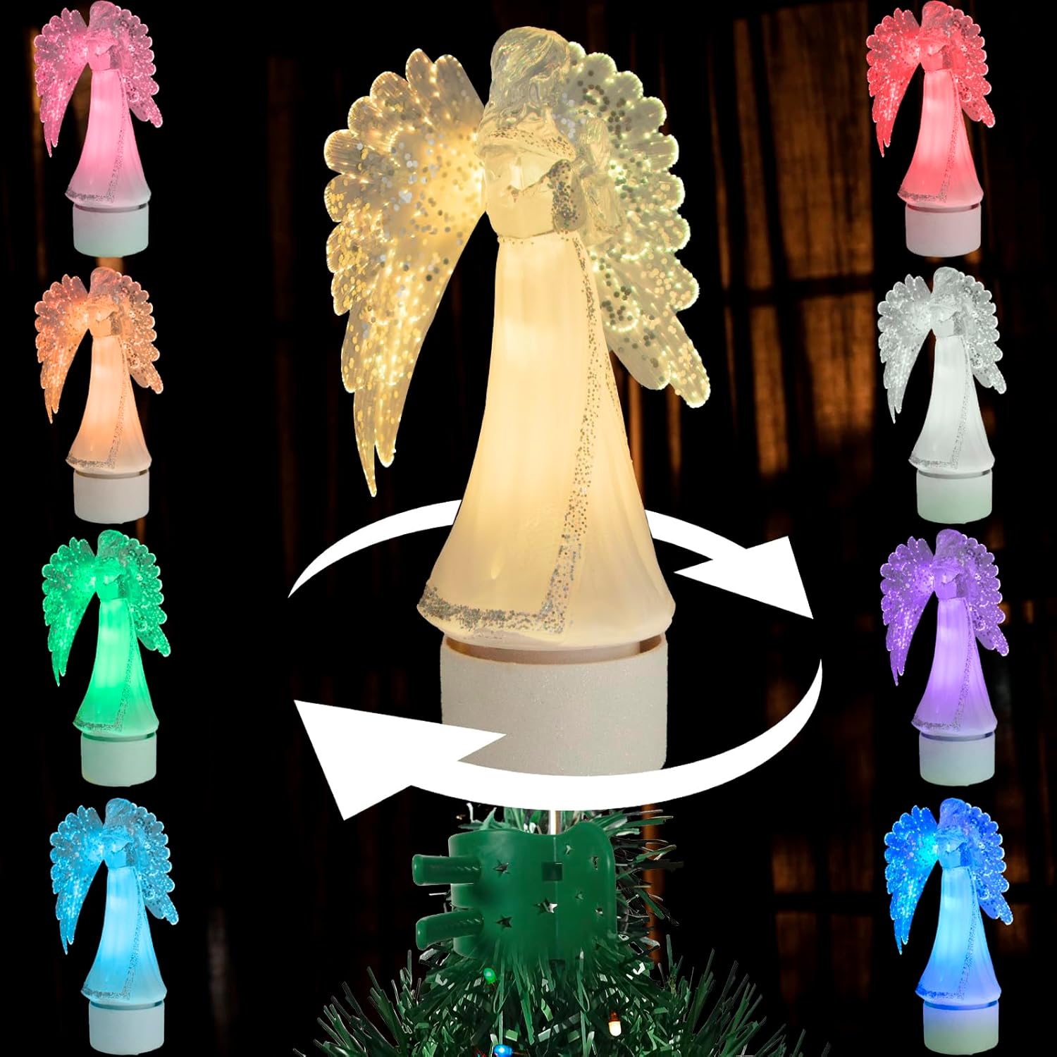 Tree Toppers - Vanthylit Christmas Tree Topper Light Up Angel Tree Top, Rotating and Multicolor Effect Christmas Lighted Tree Decorations for Home Party Xmas Indoor Decor