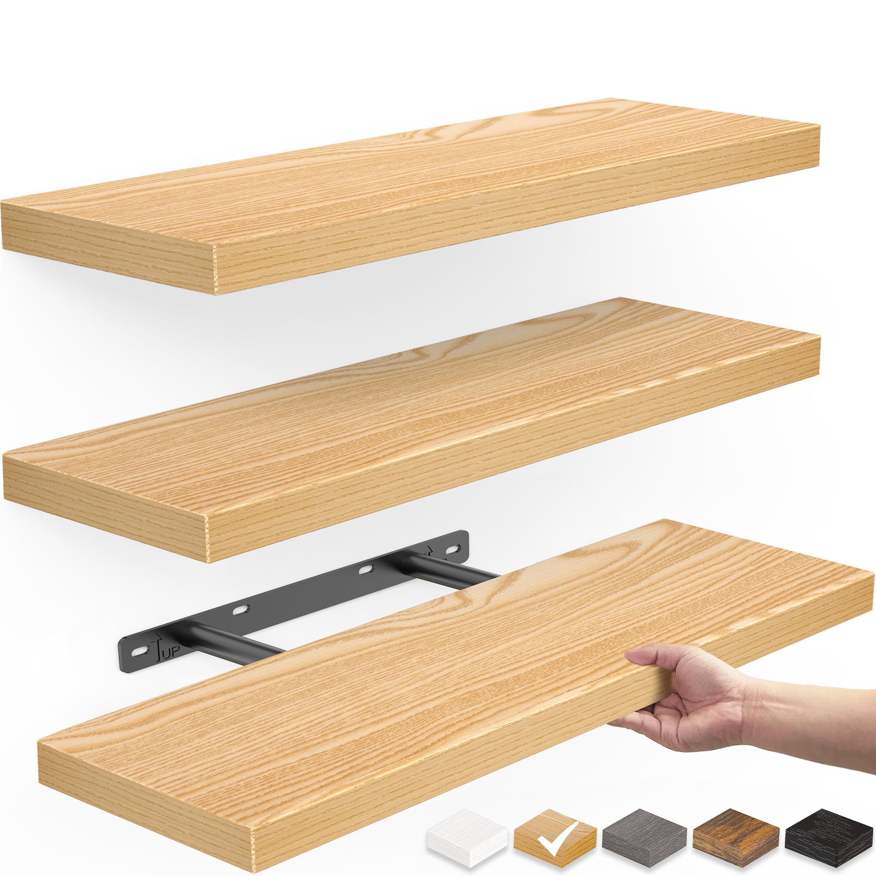 Photo 1 of BAYKA Floating Shelves for Wall, Wall Mounted Rustic Wood Shelves for Bathroom, Bedroom, Living Room, Kitchen,Small Hanging Shelf for Books/Storage/Room Decor (Oak-Toned, Set of 3, 15.7in)