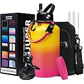 64oz Water Bottle Stainless Steel - with Paracord Handle, Straw & Auto Spout Lids, Shoulder Carrier Bag & Insulated Bottle Protective Boot, Sweat-Proof Half Gallon Metal Insulated Flask Wide-mouth