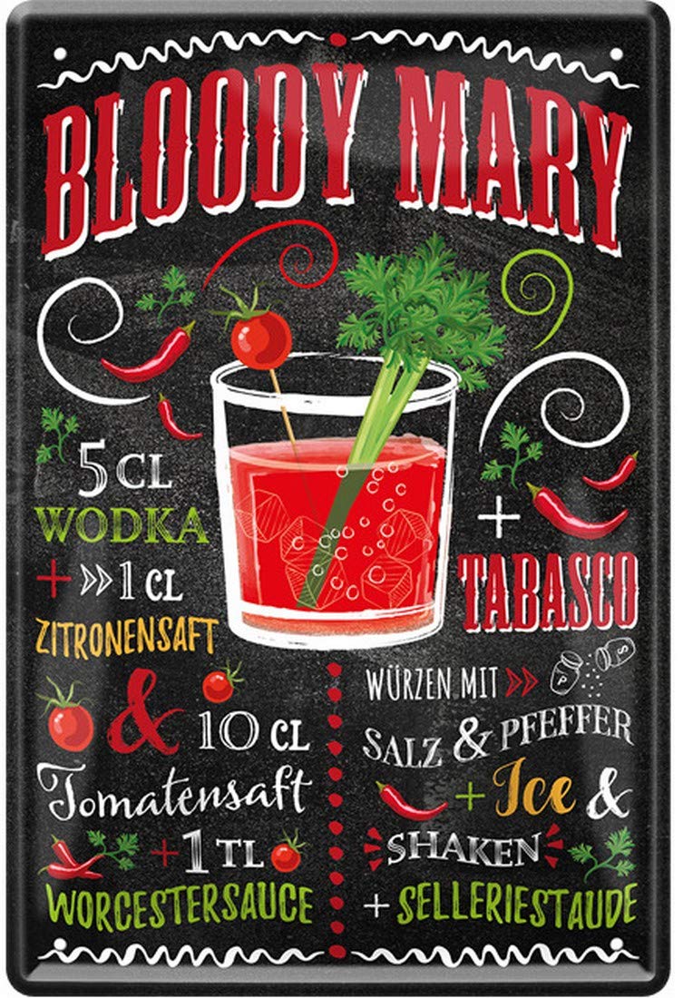 Bloody Mary Cocktail Recipe Vodka Tabasco Pepper Tomato Juice 20 x 30 cm Bar Party Cellar Decorative Tin Sign 431