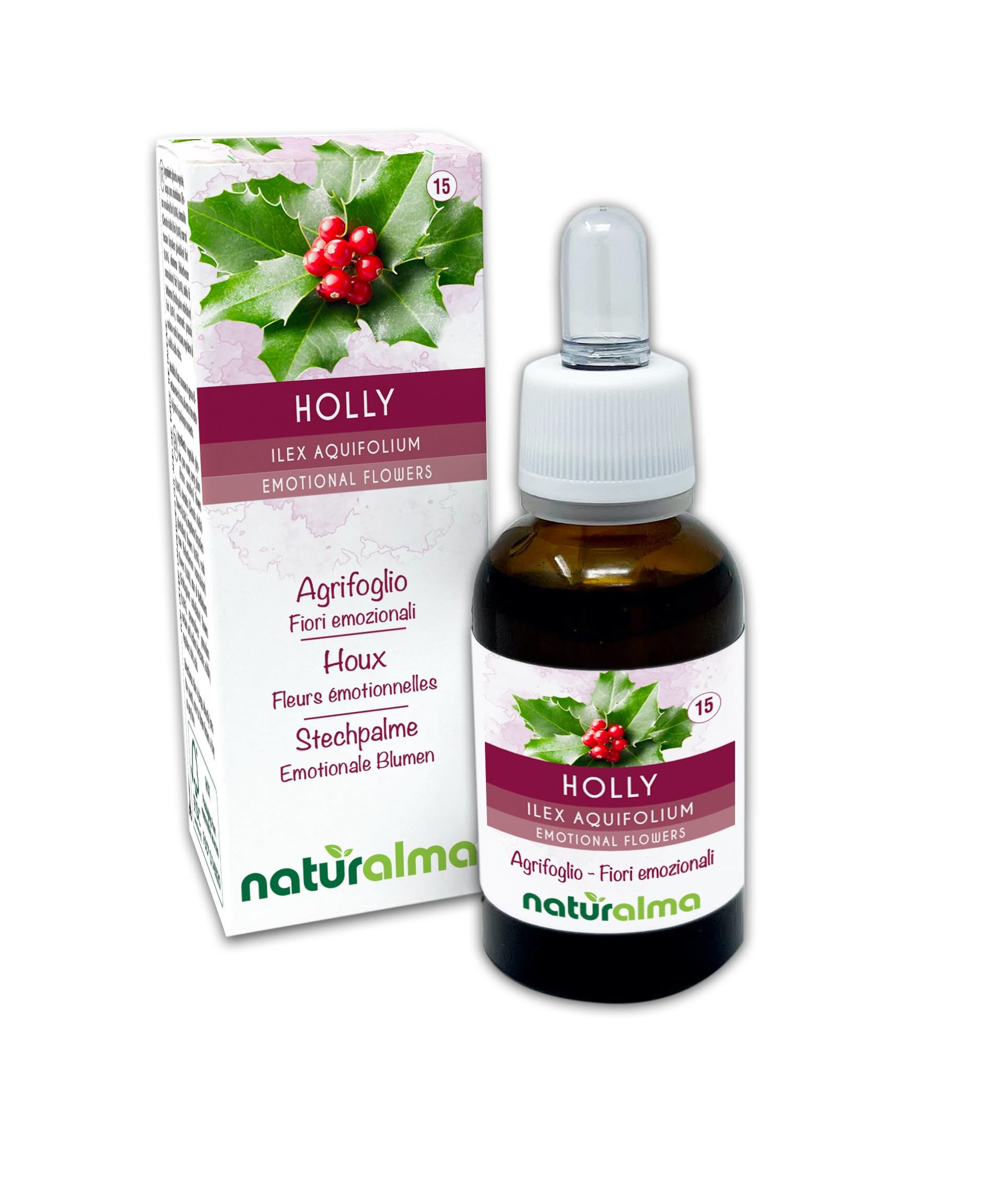 Holly (Ilex aquifolium) Naturalma Emotional Flowers or Bach Flowers - Drops 30 ml - Alcohol-Free Liquid Extract - Flower essences - Vegan and Without Alcohol