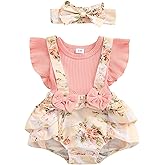 Socutebabe Baby Girl Floral Romper Newborn Dress Ruffle playsuit Suspender Shorts Jumpsuit Cute Summer Clothes and Headband