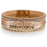 Aulacakuna Leopard Bracelet for Women, Boho Leather Wrap Multi-Layer Pearl Crystal Bracelet Bangle Jewelry