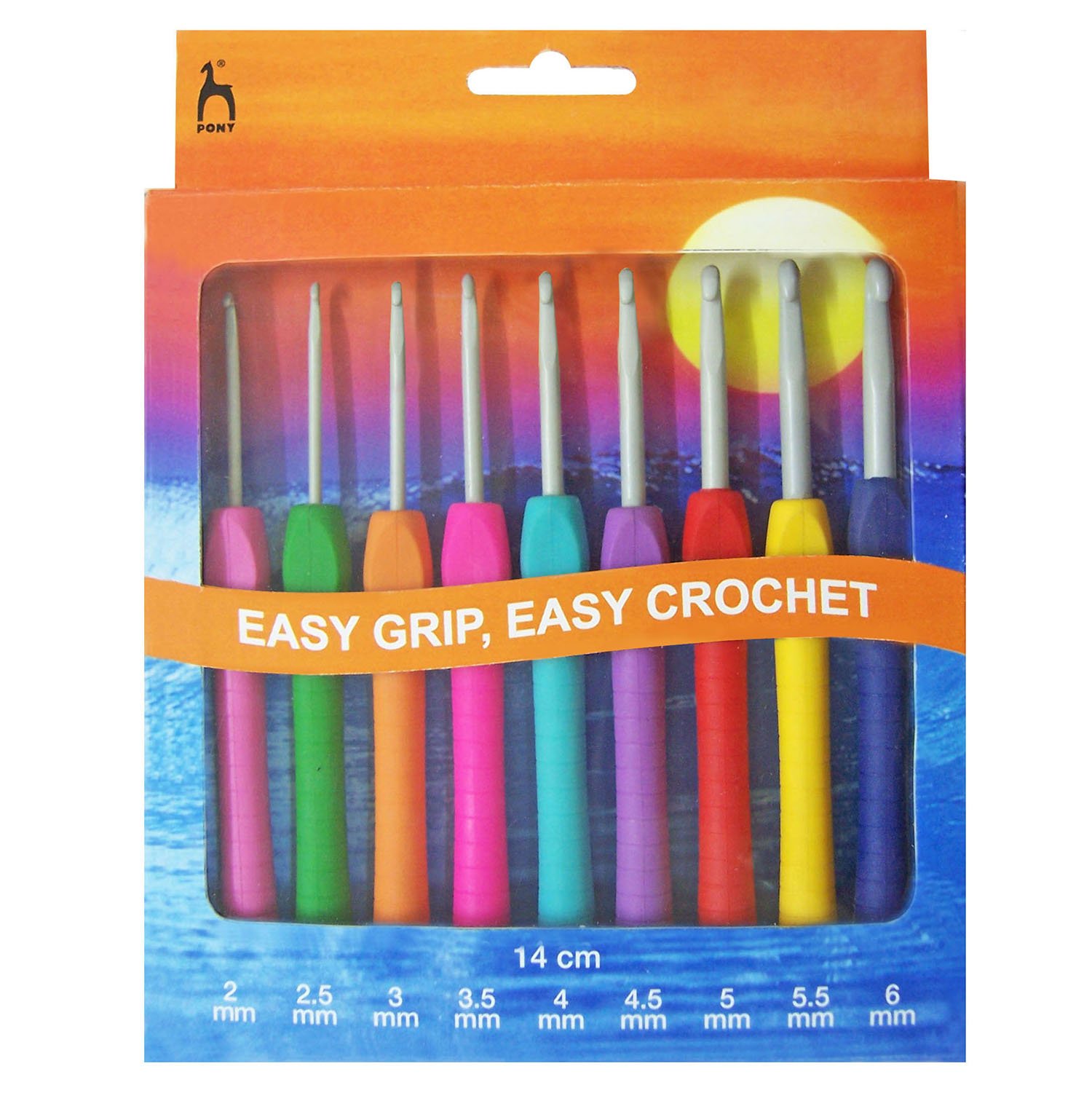 Pony P56810 Crochet Hook Set: Easy Grip with Flat Finger: 14cm x Sizes 2-6mm, Steel, Multi, 12 x 4 x 25 cm