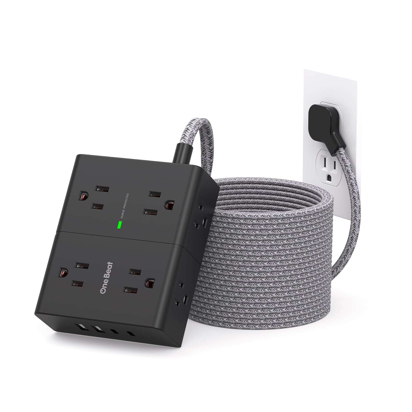 Photo 1 of Surge Protector Power Strip 25 Ft Cord, Ultra Thin Flat Extension Cord with 8 Outlets 4 USB Ports(2 USB C), Flat Plug Power Strip, 25 Ft Long Braided Power Cord for College Dorm Room Essentials-BK