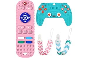 AOLSO 2PCS Baby Teether Toys Silicone, Remote Control Shape Teething Toys and Game Controller Teether Toy with 2PCS Pacifier Clip, Silicone Baby Teething Toys for 0-12 Months, BPA Free (Bule+Pink)