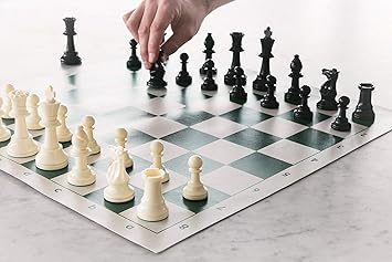 Kids Mandi 17 x 17 Tournament Chess Set with Plastic Filled Chessmen and Green Roll-Up Vinyl Mat