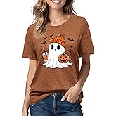 Halloween Shirts for Women:Pumpkin & Ghost Print Playful Crewneck Top for Autumn Party Graphic Short Sleeve T-Shirt