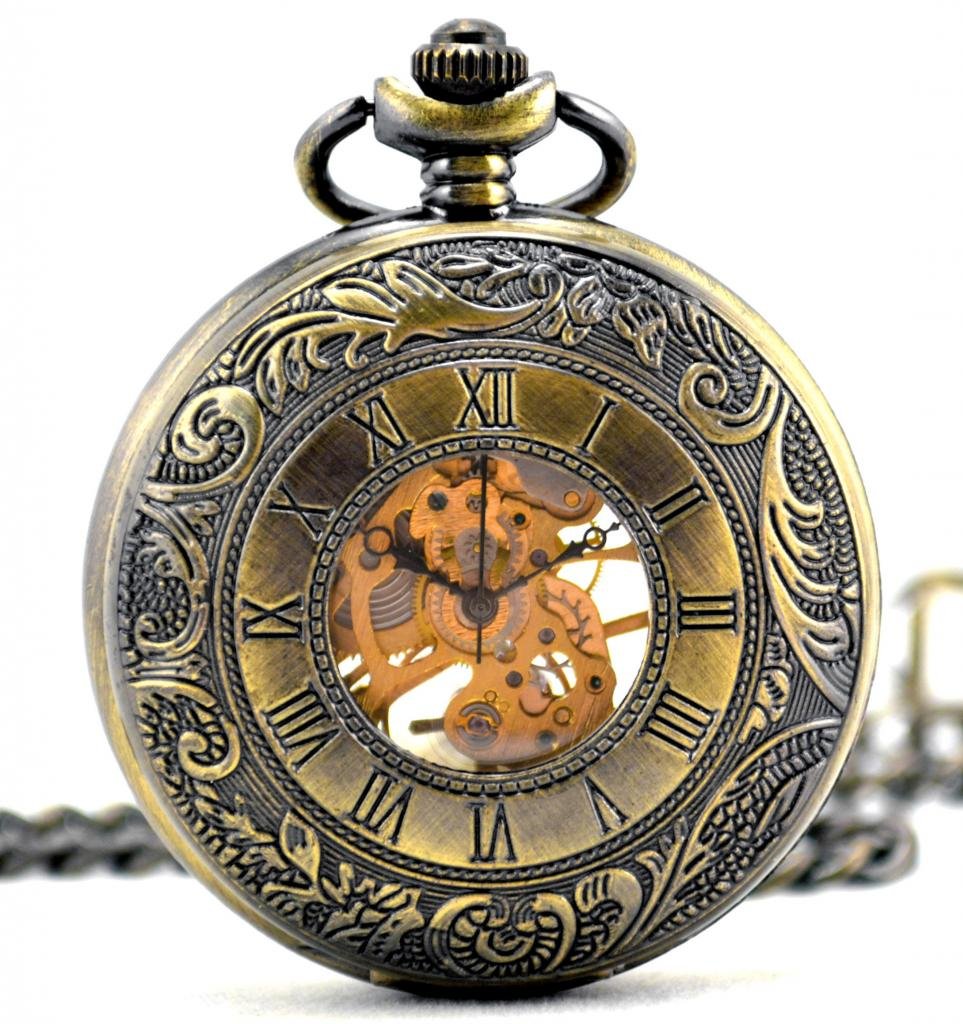 Infinite U Dual Time Display Hollow Skeleton Unisex Pendant Necklace Steel Mechanical Pocket Watch -Bronze