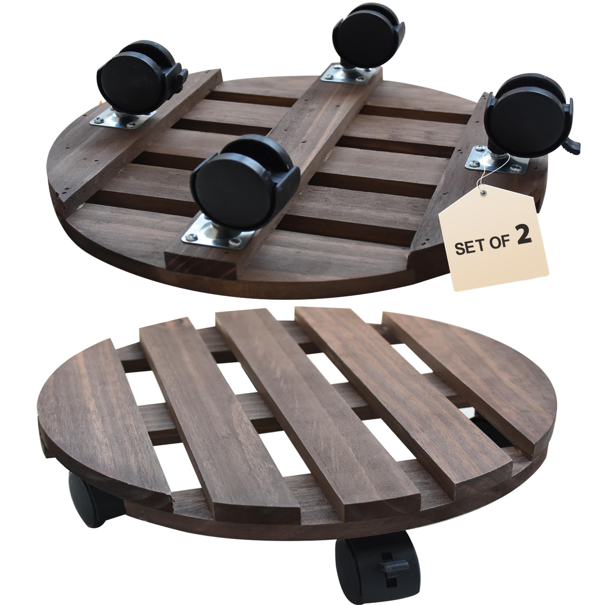 Photo 1 of LZRS 2 Pack Wood Plant Caddy 12 Inch Plant Stand With 360° Lockable Heavy Duty Rolling Wheels Round Sturdy Design for Outdoor/Indoor Large Plant Pot/Flower Pot/Patio,Brown