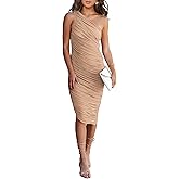 PRETTYGARDEN One Shoulder Dresses for Women 2026 Summer Ruched Mesh Asymmetrical Cocktail Wedding Guest Bodycon Dress