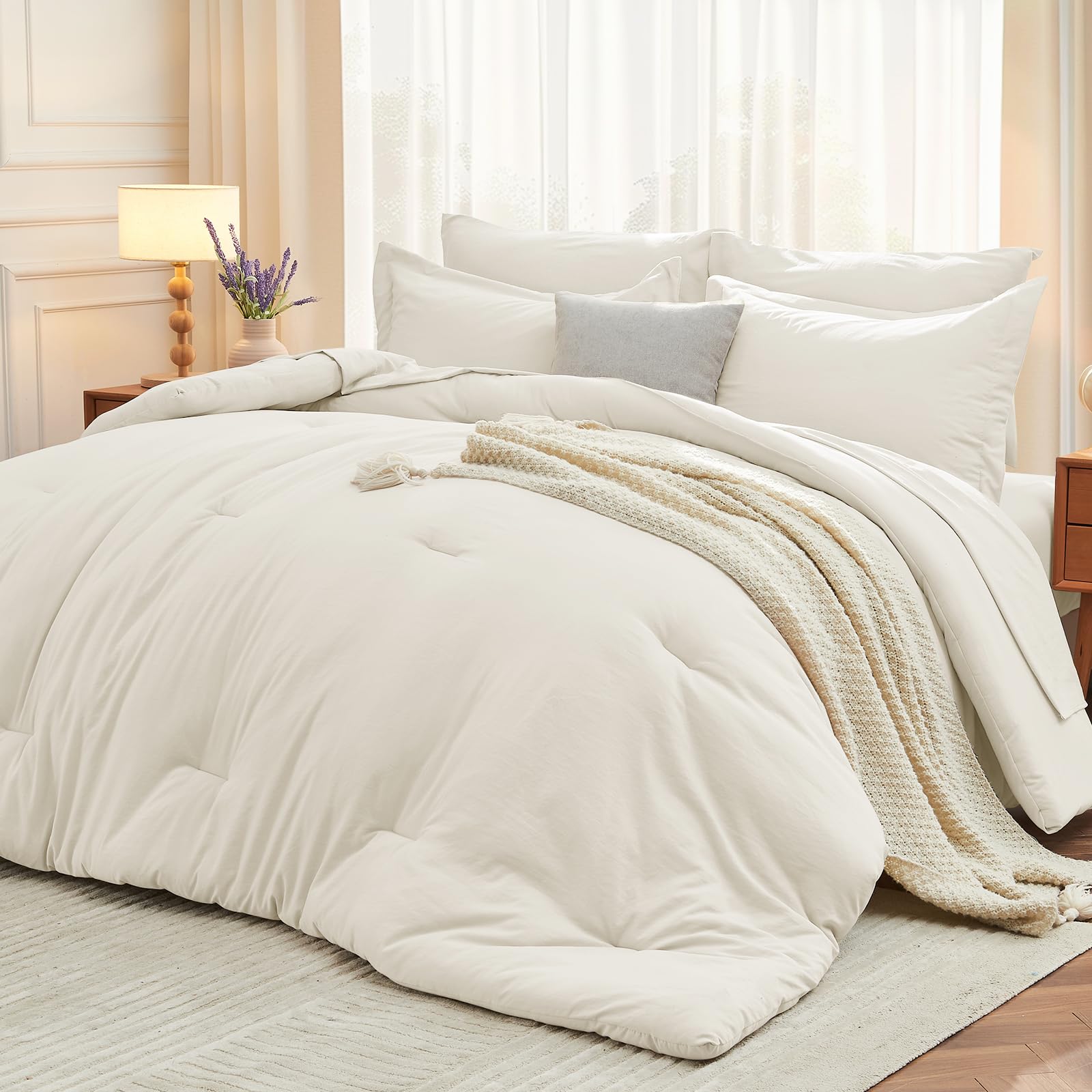Photo 1 of MUXHOMO 7 Pieces Full Comforter Set, Soft Bed in a Bag Full Size, All Season Bedding Set with Comforter, Flat Sheet, Fitted Sheet, Pillowcases & Shams, Ivory