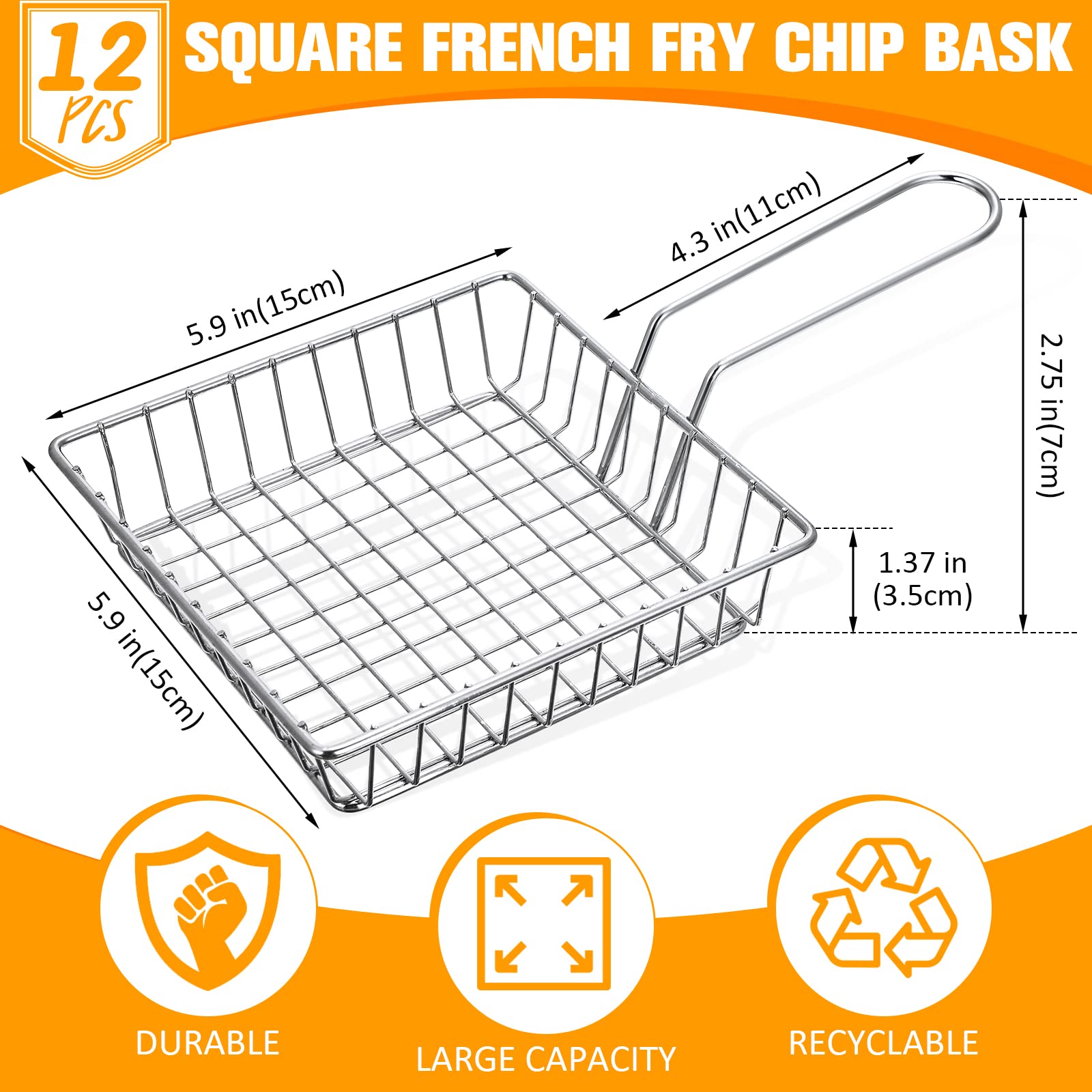 12 Pieces Mini Square Fry Baskets, 5.9 x 5.9 Inch french fries Basket, Chrome Steel Shallow Fried Food Filter Holder for Kitchen Restaurant Party Barbecue Table Food Serving