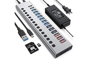 Powered USB Hub, VANGREE 17-Port USB Splitter (7 USB 3.0 Ports+3 2.4A Charging Ports+3 USB 2.0 Ports+2 USB-C 3.0 Ports+SD/TF Card Reader), Individual On/Off Switches, 90W Power Adapter for Laptop, PC