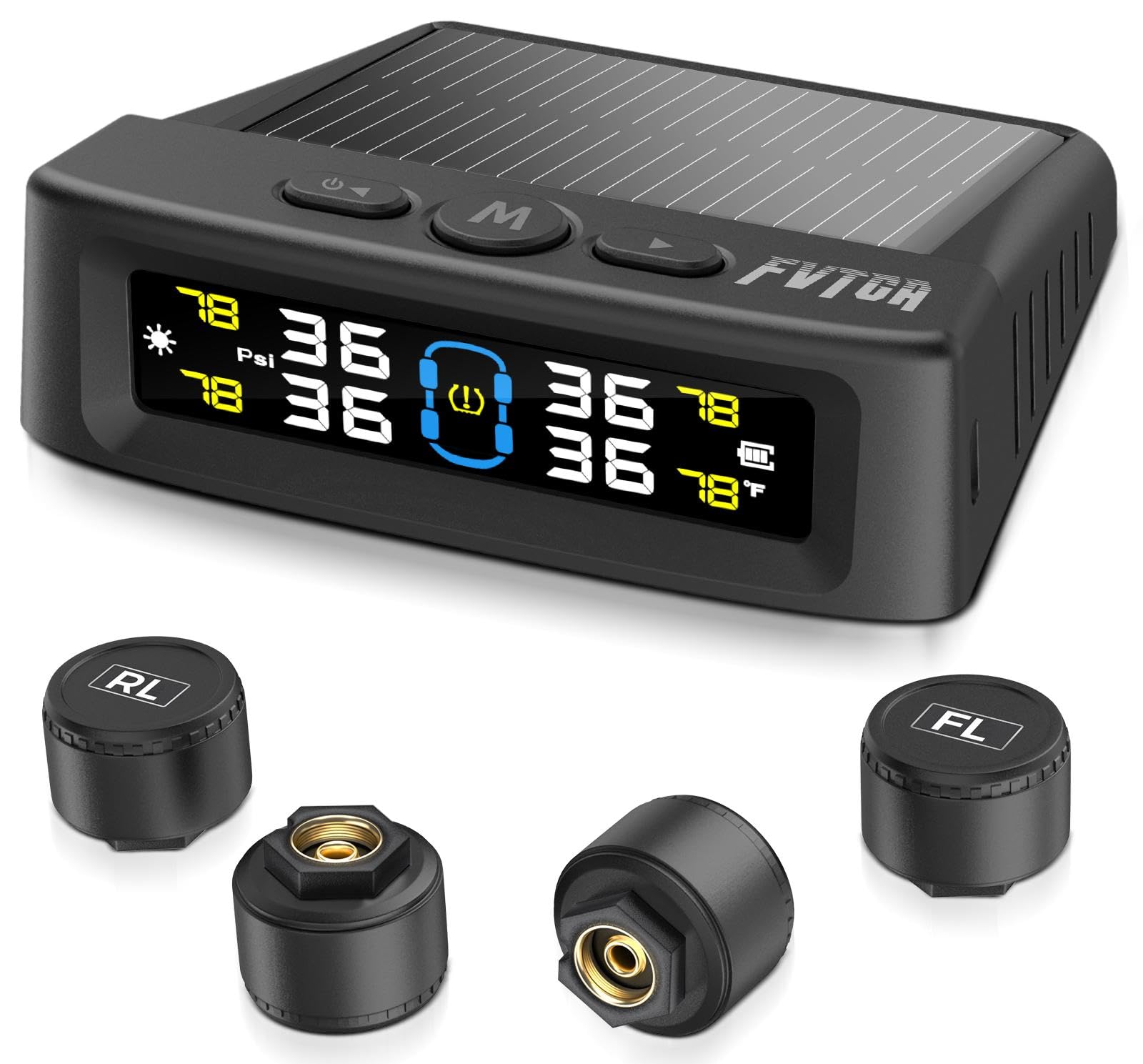 Photo 1 of Tire Pressure Monitoring System - TPMS with Solar and USB Charger, 4 Tire Sensors and 6 Alarm Modes, Auto on/Off and Voice Prompt, TPMS with Color LCD Screen, for RV, Sedan, SUV, MPV, etc (0-87 PSI)