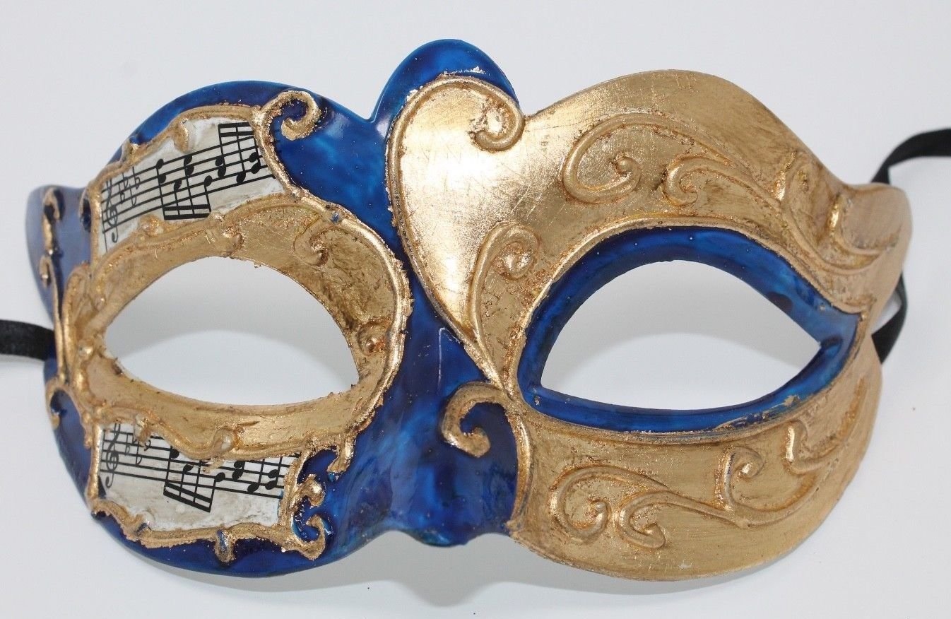 VENETIAN MASQUERADE CARNIVAL PARTY EYE BALL MASK BLUE & GOLD WITH MUSICAL NOTES SCRIPT