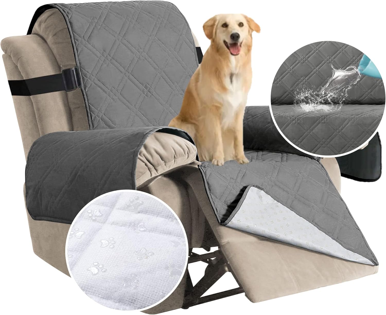 Slipcovers - H.VERSAILTEX 100% Waterproof Recliner Chair Cover Non-Slip Reclining Slipcovers Washable Recliner Covers for Recliner Chair Furniture Protector with Elastic Straps for Kids, Pets (Recliner, Grey)