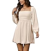 HYPERFIRE Women's Square Neck Long Sleeve Bubble Mini Dress Pleated Smocked A Line Wedding Dresses