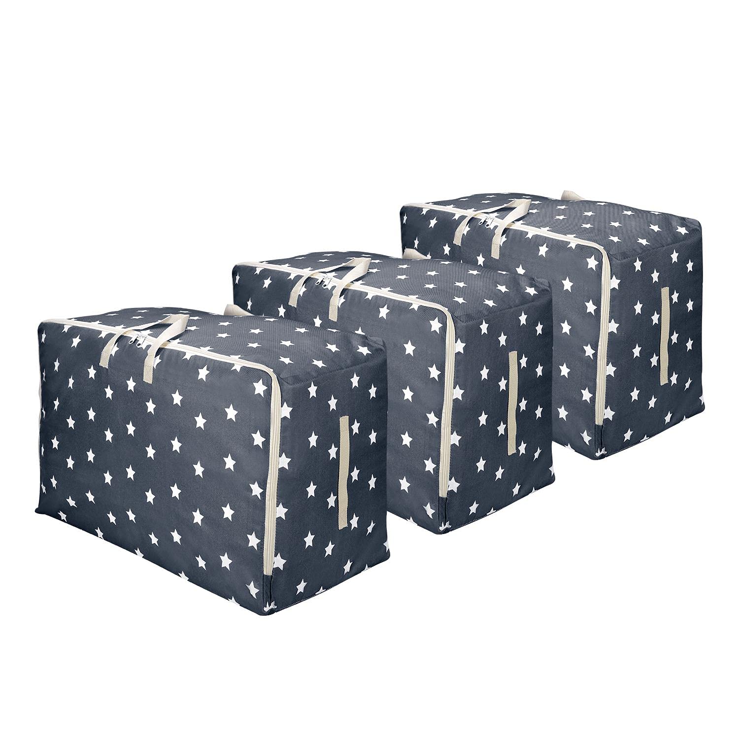 Vinsani 3pcs Clothes Storage Bags Organizer Large Capacity 105L Double Zipper, Moisture-Proof Underbed Storage Perfect Space for Clothes, Toys, Beddings, Blankets and Duvet – Navy Blue Star