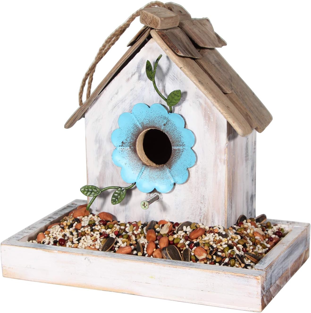 Tenforie Bird Feeder House for Outside Hanging, Wooden Birdhouse Bluebird House Feeder Handcrafted Hut