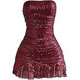 SOLY HUX Women's Sparkly Sequin Strapless Dresses Ruffle Mini Party Dress Cocktail Gowns
