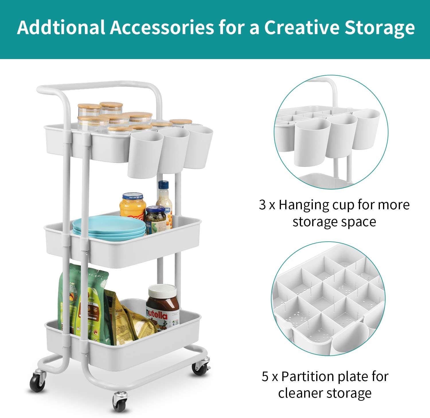 alvorog 3-Tier Rolling Utility Cart Storage Shelves Multifunction Storage Trolley Service Cart with Mesh Basket Handles and Wheels Easy Assembly for Bathroom, Kitchen, Office (White) : Office Products