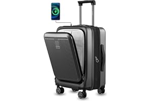 LUGGEX Carry on Luggage 22x14x9 Airline Approved, PC Hard Shell Suitcase with Front Pocket, Expandable Luggage with USB Port (Black, 20 Inch, 36.7L)