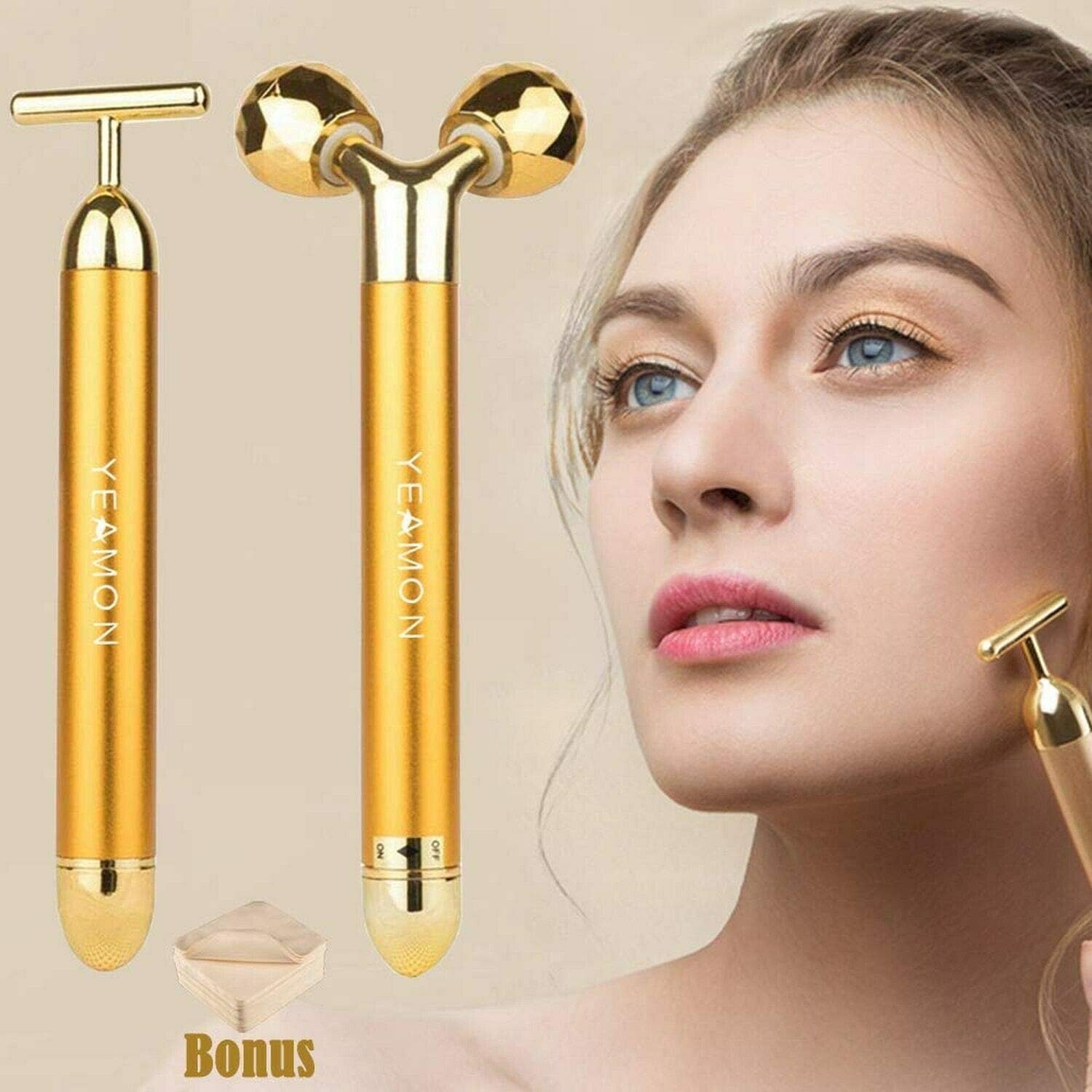 2-In-1 Beauty Bar Masajeador Facial Facial Golden Pulse 24K, Rodillo 3D Elect.