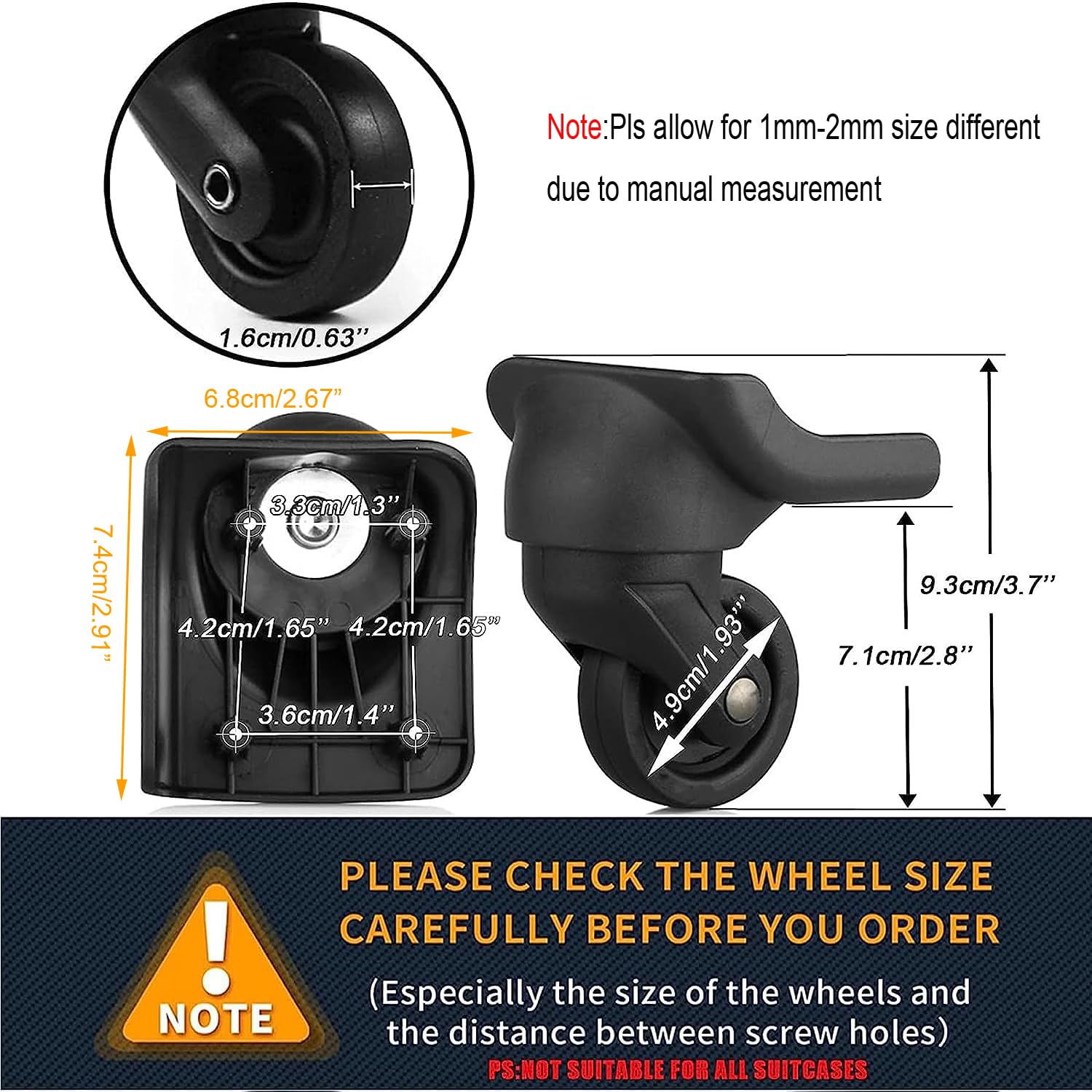 Zoofen Replacement Luggage Wheel Repair Suitcase Bag Parts Spinner Wheels Casters for Travel Customs Box W044 (A Set 4PCS)