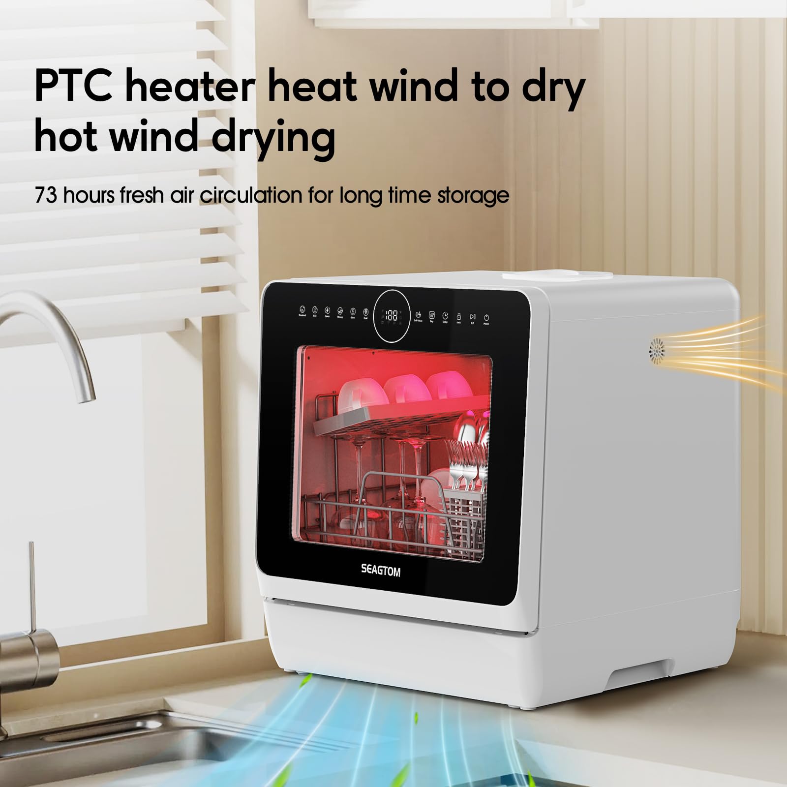 SEAGTOM Portable Dishwashers for Camping and Home with 5l Water Tank, Hose, LED Light, 10 Wash Programs, Baby Care Mode, Dual Water Supply and 1h Hot Air Drying