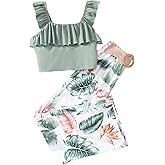 WDIRARA Girls 2 Piece Summer Outfits Ruffle Trim Sleeveless Top & Tropical Print Pants with Belt Beach Hawaiian Set