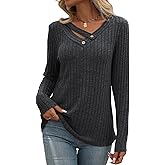 Misyula Style Long Sleeve Shirts for Women V Neck Fall Sweaters Dressy Casual Basic Tops 2024 Trendy Pullover S-2XL