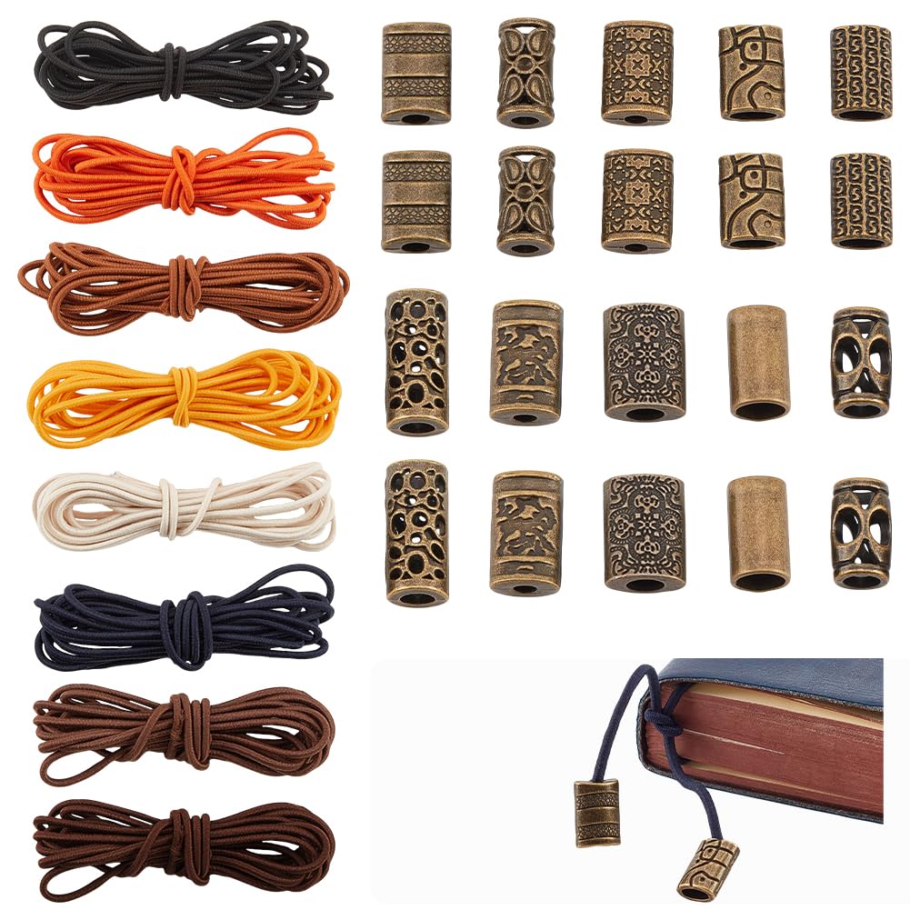 BENECREAT 16m/17.5 Yards Polyester Elastic Stretch Cord with 20 Alloy Risers, Traveler's Notebook Elastic Band, DIY Repair Kit, For DIY Column Beaded Elastic Bookmark Making Kit