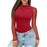 Saslax Women's Mesh Bodysuit - Long Sleeve Sheer Mock Neck Ruched Thong Top, Sexy Club & Date Night Outfit
